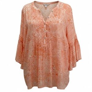 Ruby Rd Tropical Oasis Peach print boho button pleat front sheer tunic blouse 2x